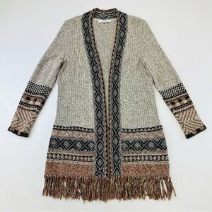 Alia long line fringe cardigan Womens Small open southwest casual brown grey